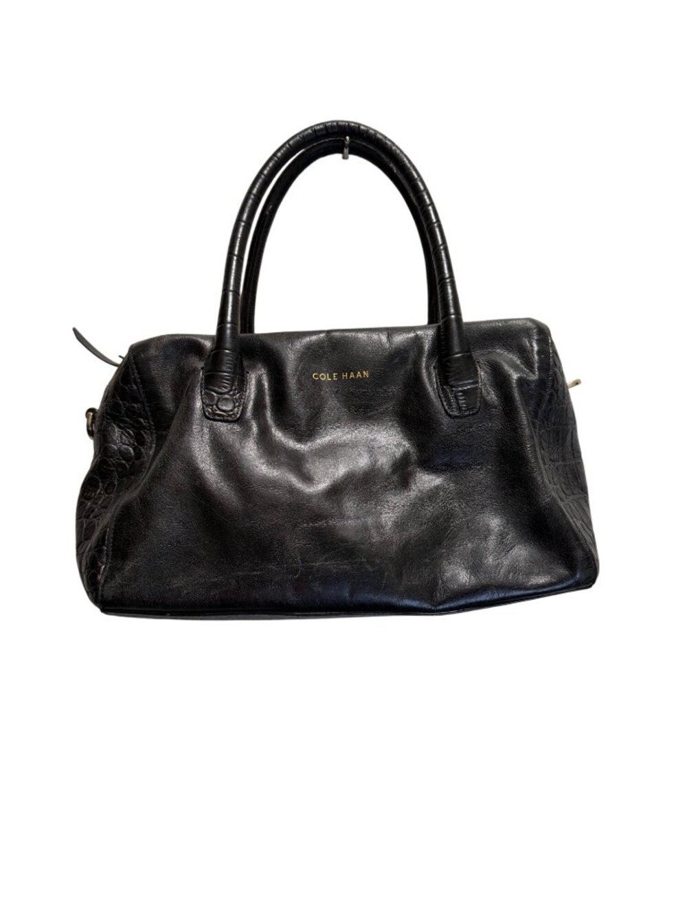 Cole Haan Black Leather Croc-Embossed Satchel Bag With Dual Handles & Zipper Clo